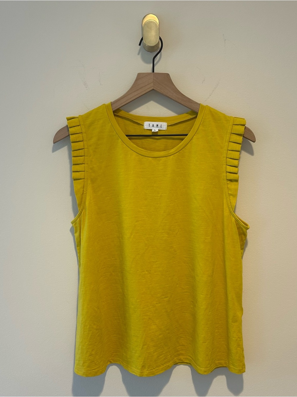 THML Women’s Sleeveless Shirt Yellow Mustard Pleated Sleeve Cotton